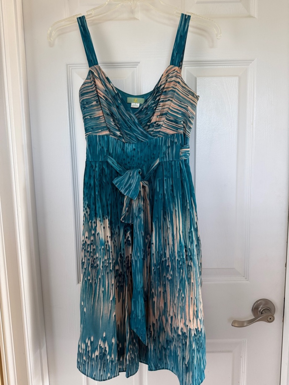 Lil  Cabalo Falls by Anthropologie Teal&Cream SilkTie-Waist Dress. Size 6. EUC